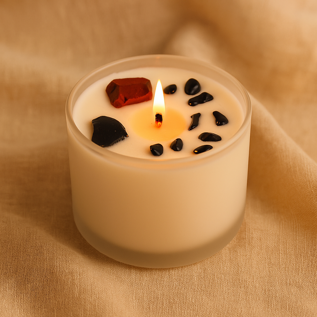 Vela de Cristales — Chakra Raíz (Jaspe Rojo y Ágata Negra)