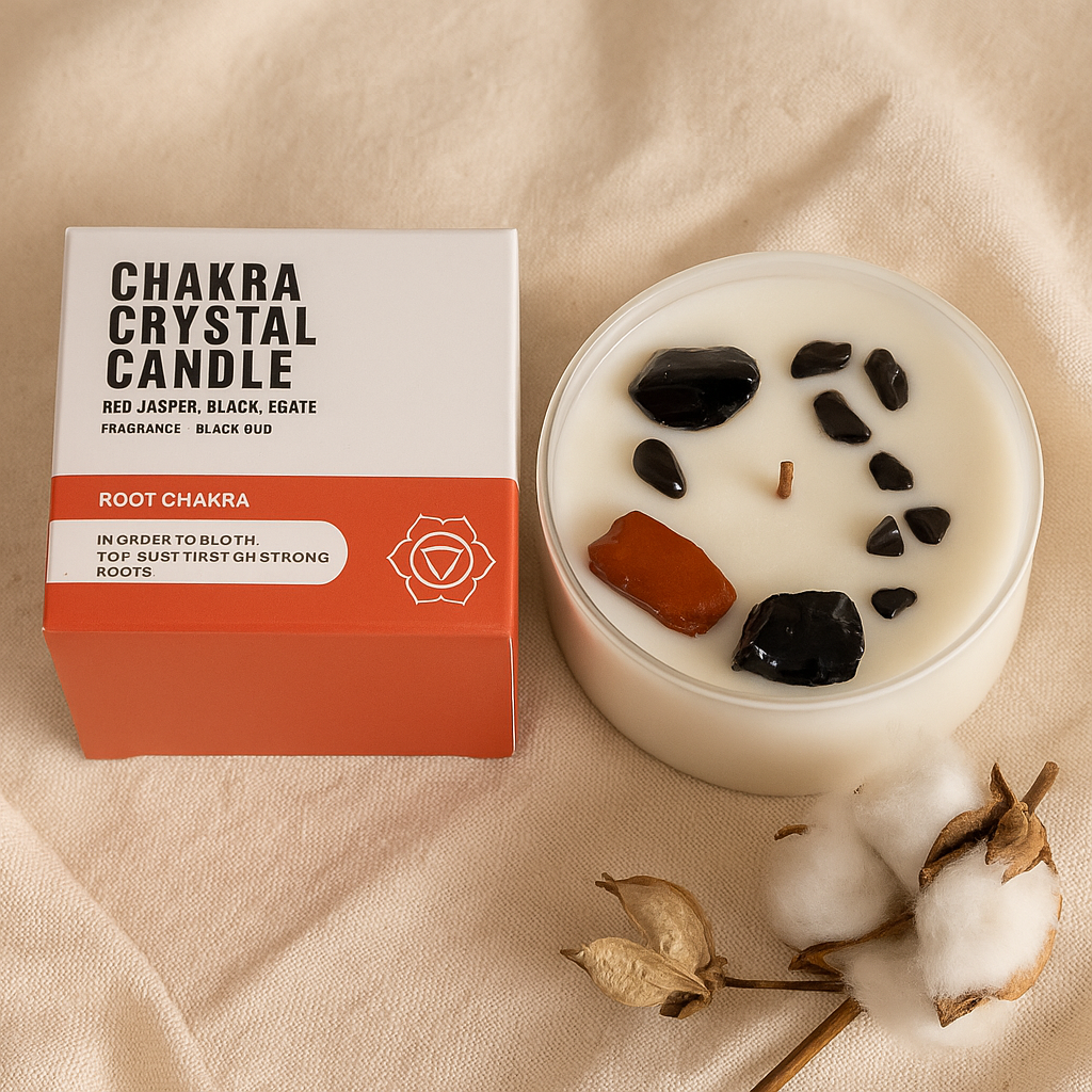 Vela de Cristales — Chakra Raíz (Jaspe Rojo y Ágata Negra)